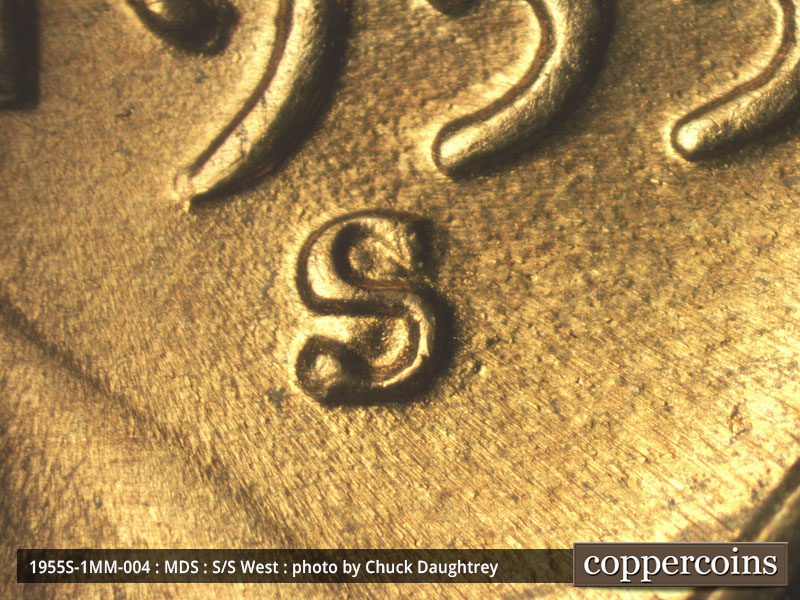 1955 Lincoln cent obverse, CopperCoins die 1955S•1MM•004.