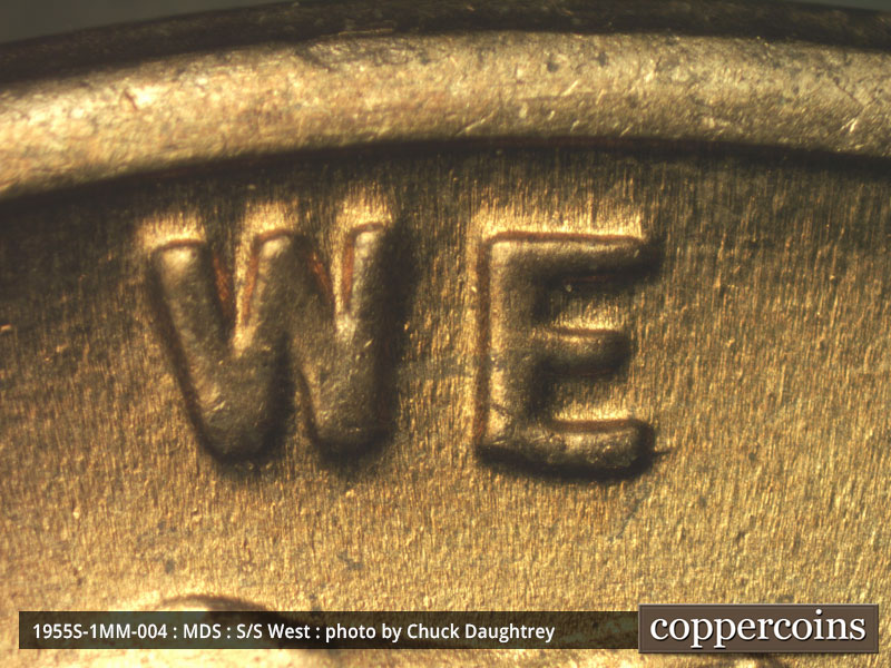 Die-stage B marker on 1955S•1MM•004 (1955 Repunched Mint Mark).