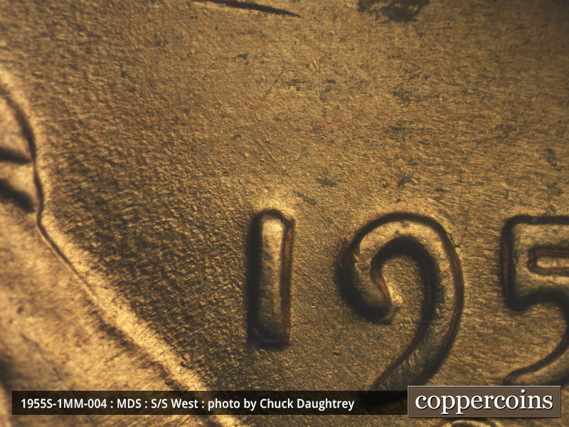 Die-stage B marker on 1955S•1MM•004 (1955 Repunched Mint Mark).