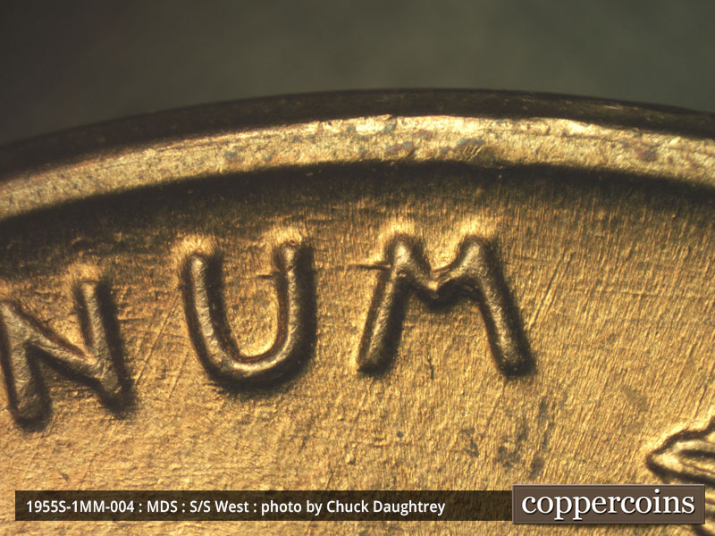 Die-stage B marker on 1955S•1MM•004 (1955 Repunched Mint Mark).