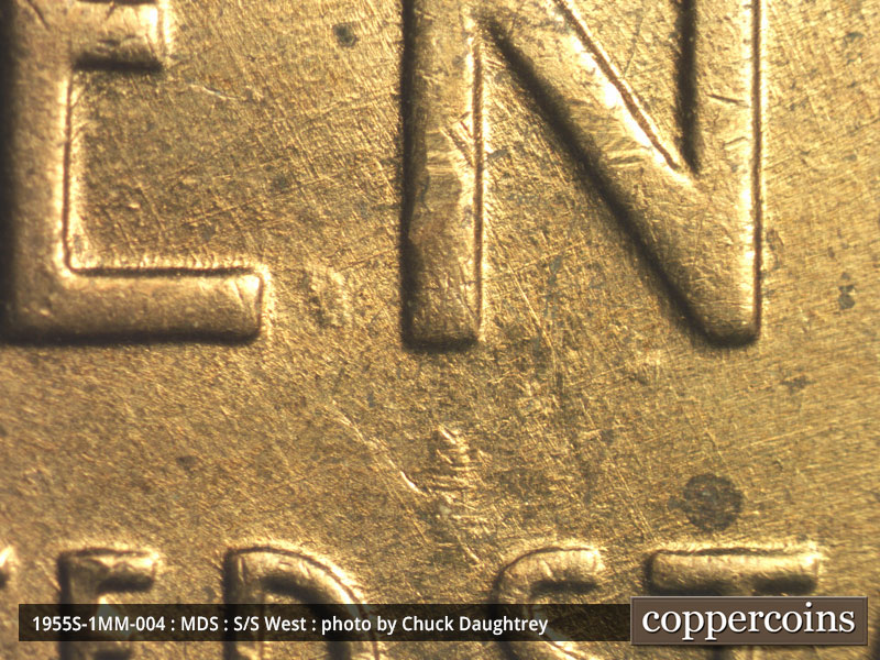 Die-stage B marker on 1955S•1MM•004 (1955 Repunched Mint Mark).