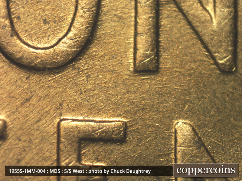 Die-stage B marker on 1955S•1MM•004 (1955 Repunched Mint Mark).