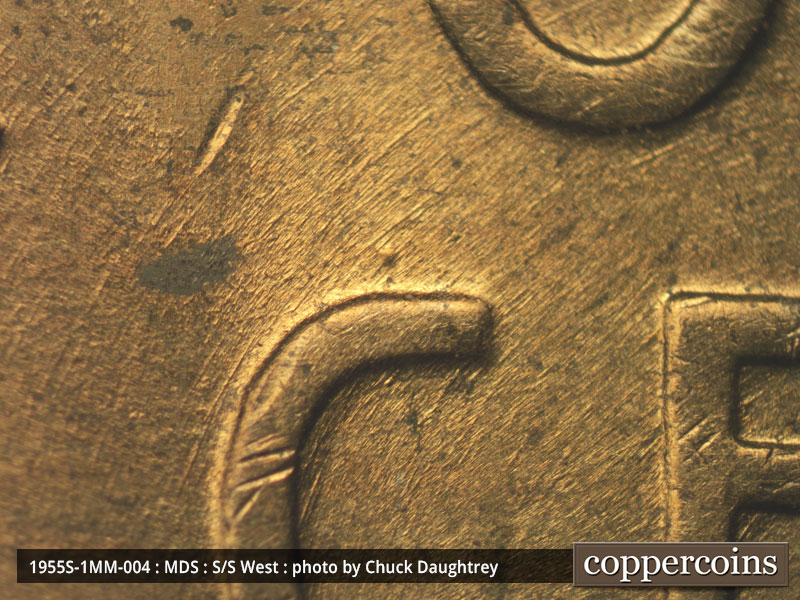 Die-stage B marker on 1955S•1MM•004 (1955 Repunched Mint Mark).