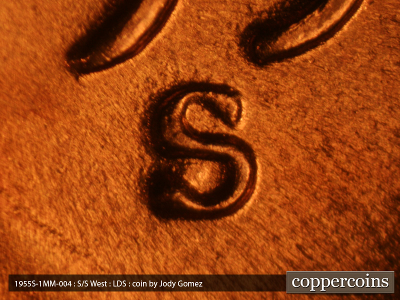 Die-stage C marker on 1955S•1MM•004 (1955 Repunched Mint Mark).