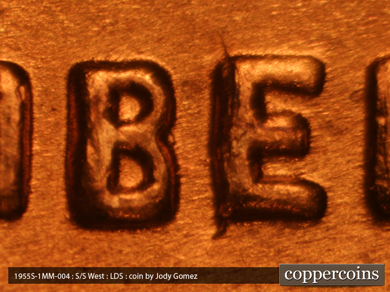 Die-stage C marker on 1955S•1MM•004 (1955 Repunched Mint Mark).