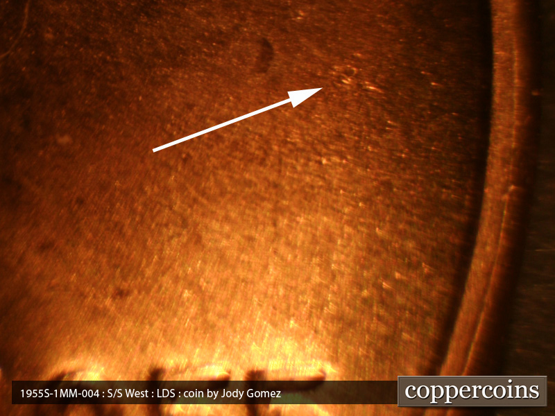 Die-stage C marker on 1955S•1MM•004 (1955 Repunched Mint Mark).