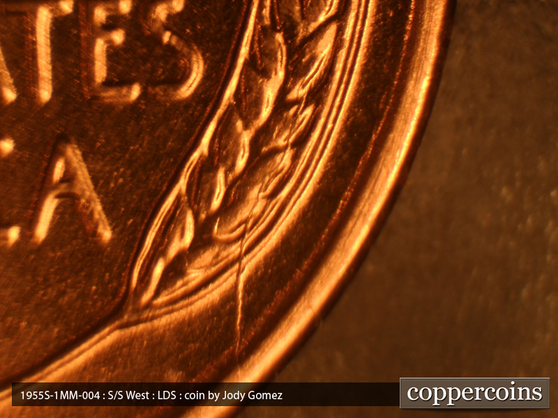 Die-stage C marker on 1955S•1MM•004 (1955 Repunched Mint Mark).