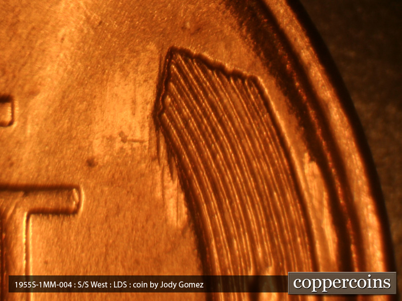 Die-stage C marker on 1955S•1MM•004 (1955 Repunched Mint Mark).