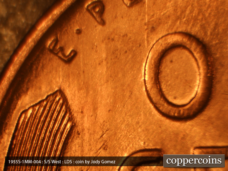 Die-stage C marker on 1955S•1MM•004 (1955 Repunched Mint Mark).
