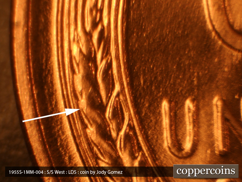 Die-stage C marker on 1955S•1MM•004 (1955 Repunched Mint Mark).