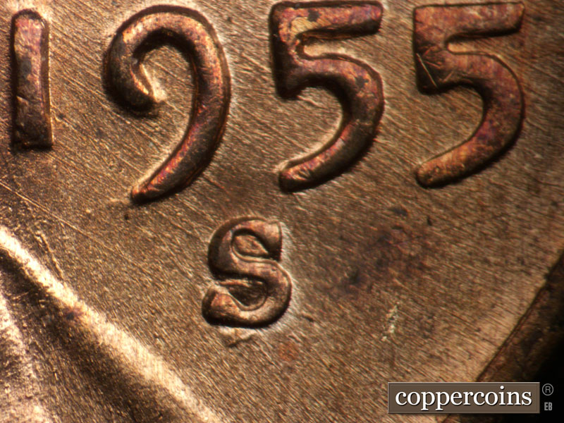 Die-stage A marker on 1955S•1MM•005 (1955 Repunched Mint Mark).