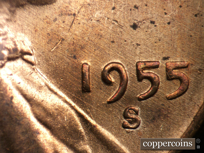 Die-stage A marker on 1955S•1MM•005 (1955 Repunched Mint Mark).