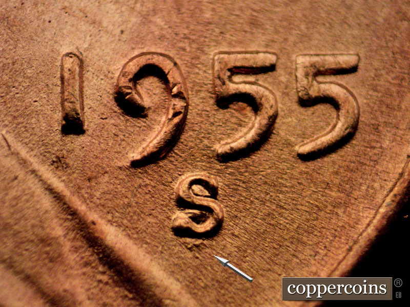 1955 Lincoln cent obverse, CopperCoins die 1955S•1MM•005.