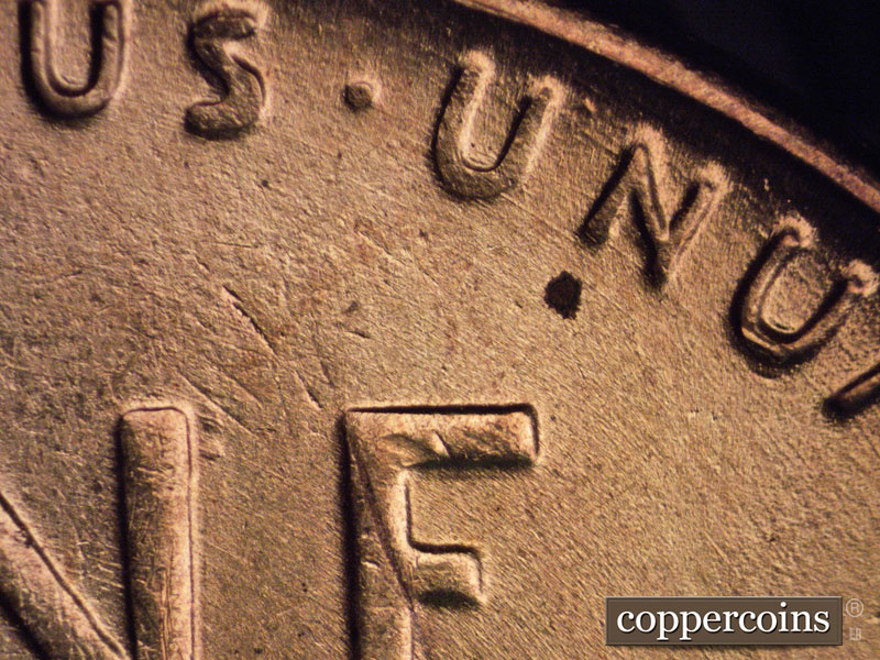Die-stage B marker on 1955S•1MM•005 (1955 Repunched Mint Mark).