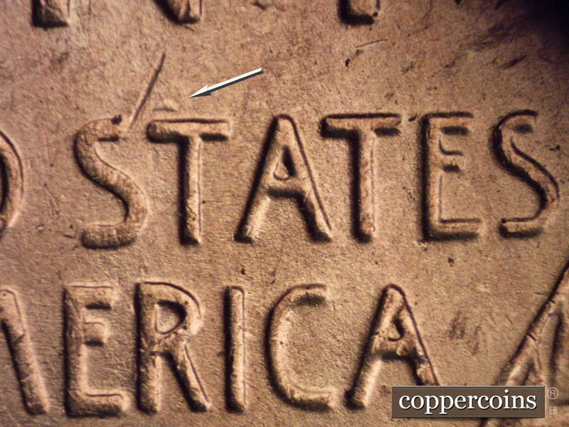Die-stage B marker on 1955S•1MM•005 (1955 Repunched Mint Mark).