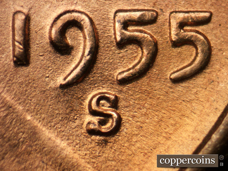 Die-stage C marker on 1955S•1MM•005 (1955 Repunched Mint Mark).