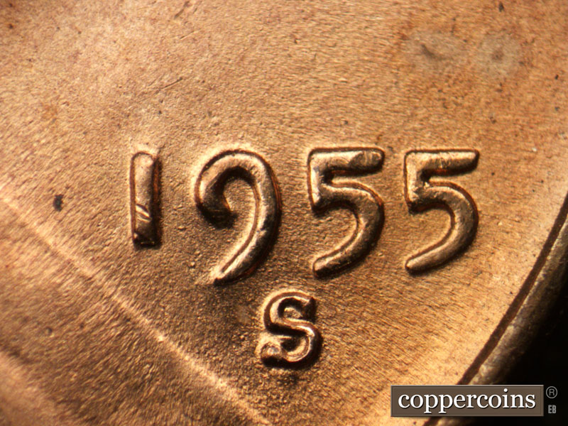 Die-stage C marker on 1955S•1MM•005 (1955 Repunched Mint Mark).