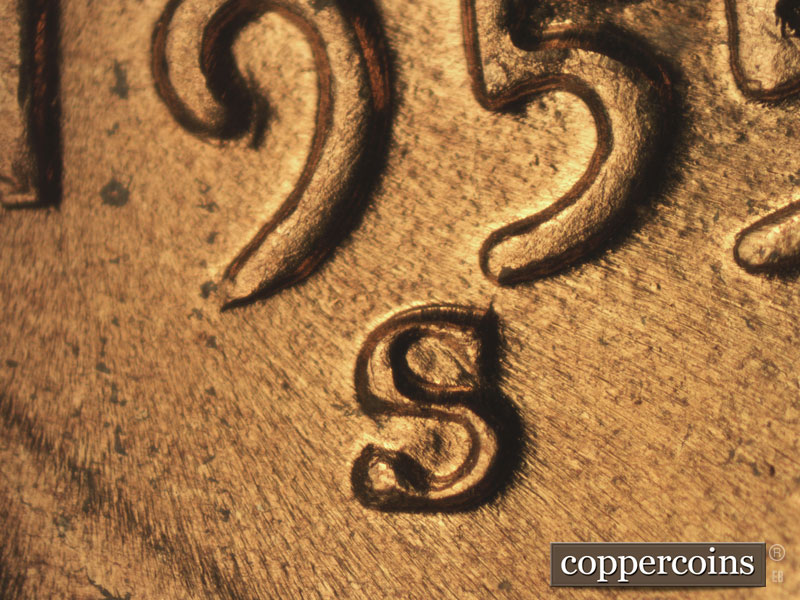 1955 Lincoln cent obverse, CopperCoins die 1955S•1MM•006.