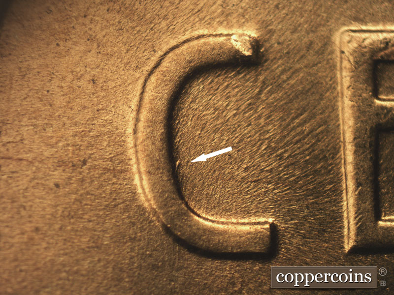 Die-stage B marker on 1955S•1MM•006 (1955 Repunched Mint Mark).
