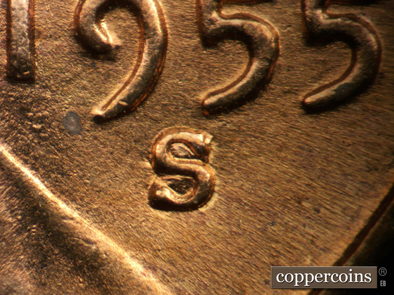 Die-stage A marker on 1955S•1MM•007 (1955 Repunched Mint Mark).