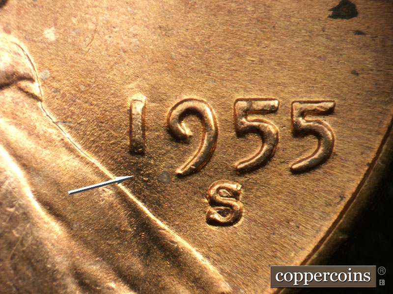 Die-stage A marker on 1955S•1MM•007 (1955 Repunched Mint Mark).