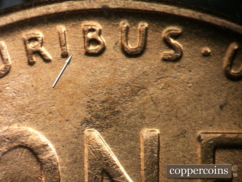 Die-stage A marker on 1955S•1MM•007 (1955 Repunched Mint Mark).