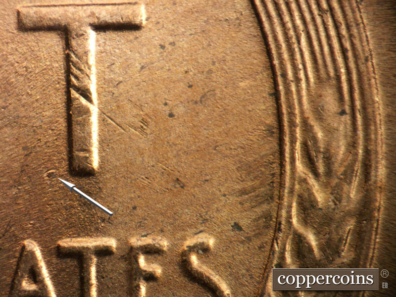 Die-stage A marker on 1955S•1MM•007 (1955 Repunched Mint Mark).