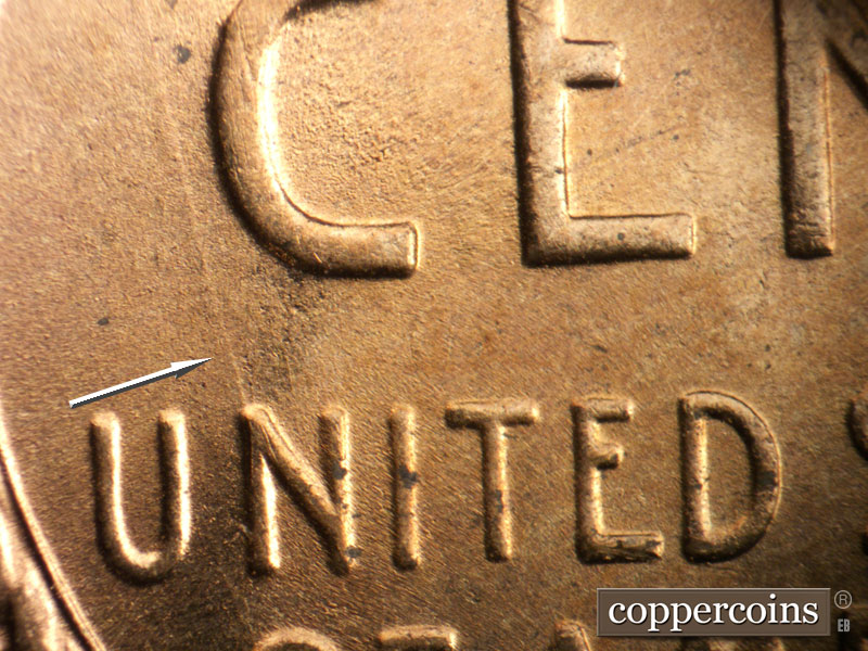 Die-stage A marker on 1955S•1MM•007 (1955 Repunched Mint Mark).