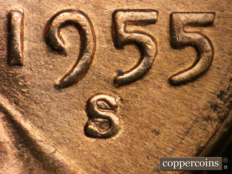 1955 Lincoln cent obverse, CopperCoins die 1955S•1MM•007.