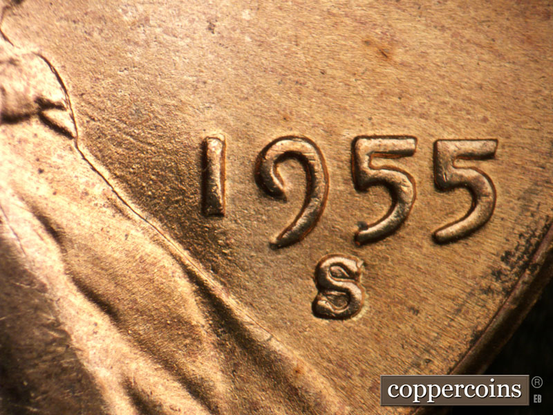 Die-stage B marker on 1955S•1MM•007 (1955 Repunched Mint Mark).