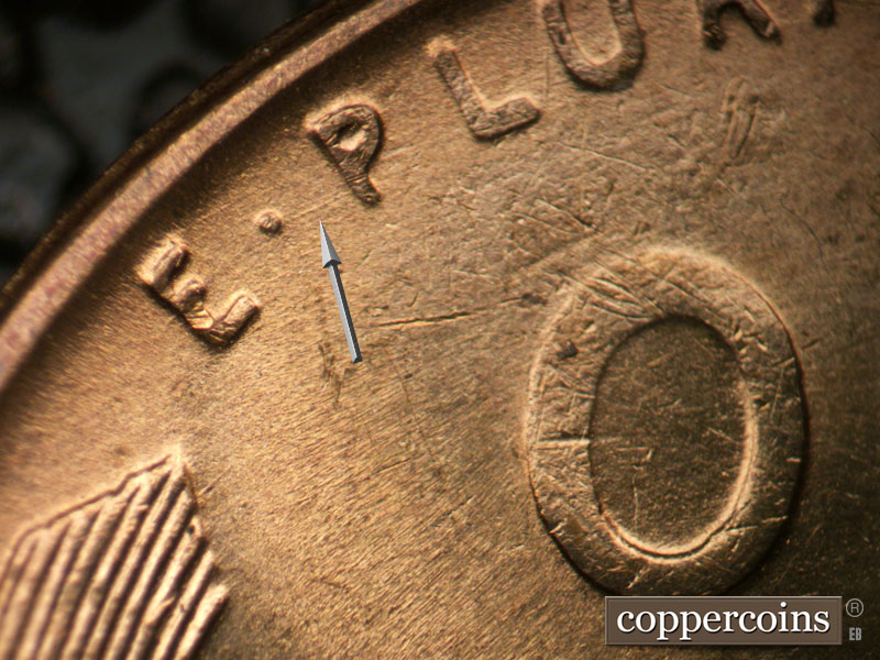 Die-stage B marker on 1955S•1MM•007 (1955 Repunched Mint Mark).