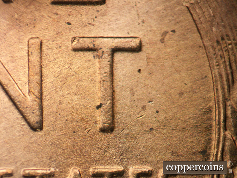 Die-stage B marker on 1955S•1MM•007 (1955 Repunched Mint Mark).