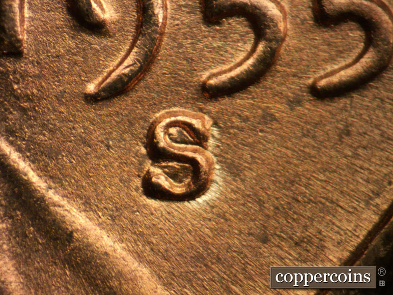 Die-stage C marker on 1955S•1MM•007 (1955 Repunched Mint Mark).