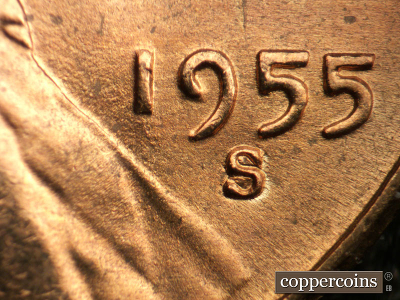 Die-stage C marker on 1955S•1MM•007 (1955 Repunched Mint Mark).