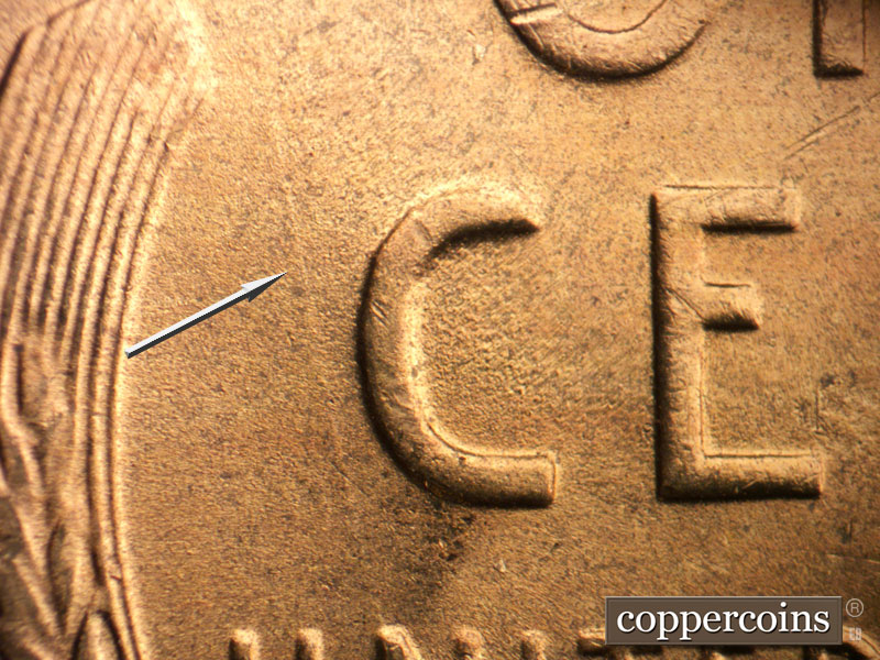 Die-stage C marker on 1955S•1MM•007 (1955 Repunched Mint Mark).