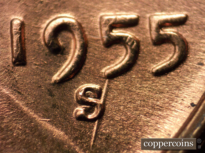 1955 Lincoln cent obverse, CopperCoins die 1955S•1MM•010.