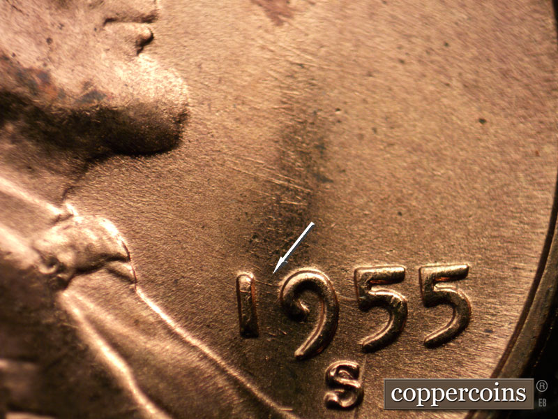 Die-stage B marker on 1955S•1MM•010 (1955 Repunched Mint Mark).