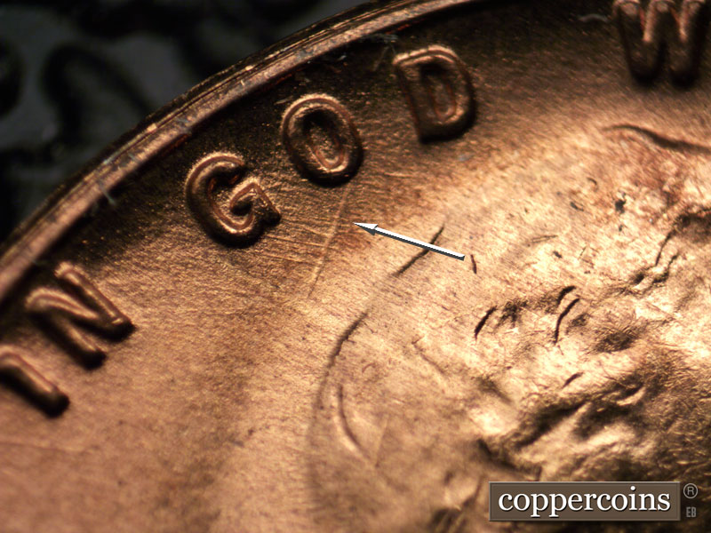 Die-stage B marker on 1955S•1MM•010 (1955 Repunched Mint Mark).