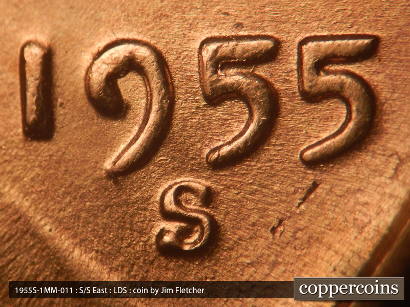 Die-stage C marker on 1955S•1MM•011 (1955 Repunched Mint Mark).