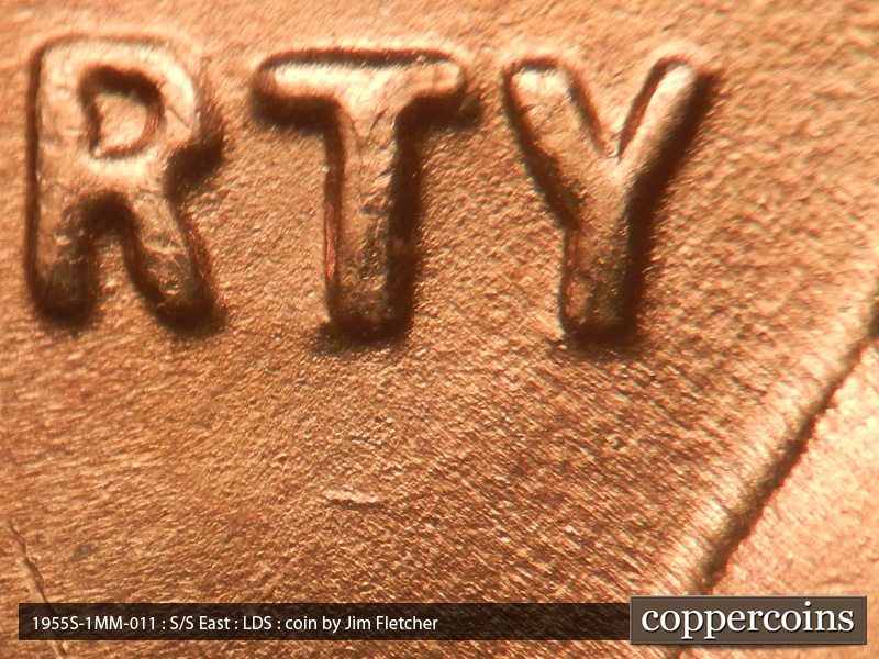 Die-stage C marker on 1955S•1MM•011 (1955 Repunched Mint Mark).
