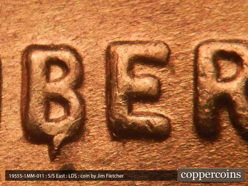Die-stage C marker on 1955S•1MM•011 (1955 Repunched Mint Mark).