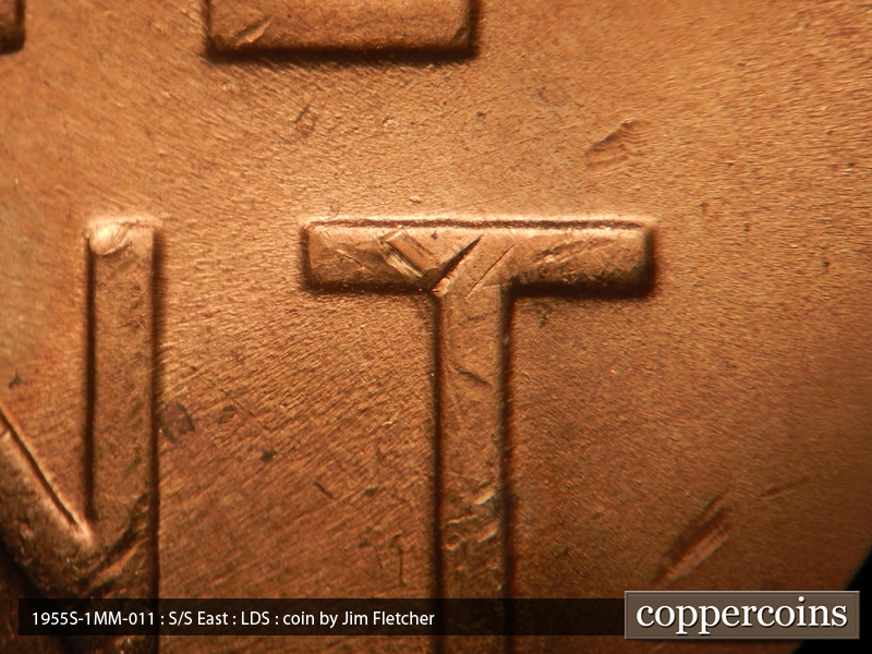 Die-stage C marker on 1955S•1MM•011 (1955 Repunched Mint Mark).
