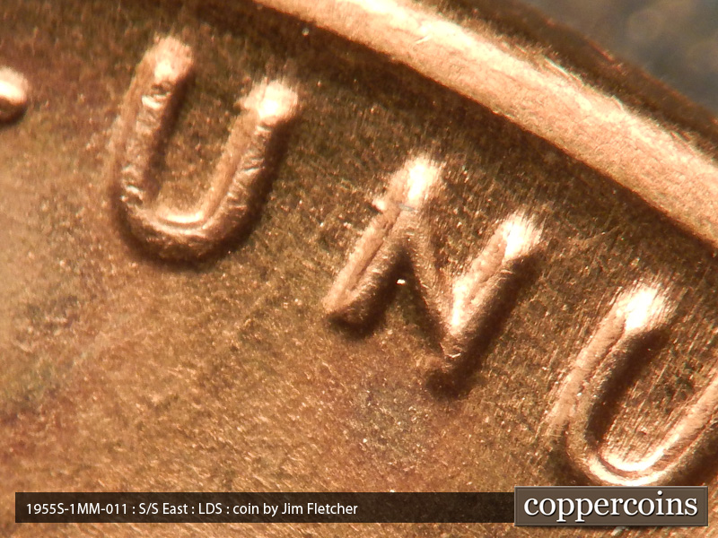 Die-stage C marker on 1955S•1MM•011 (1955 Repunched Mint Mark).