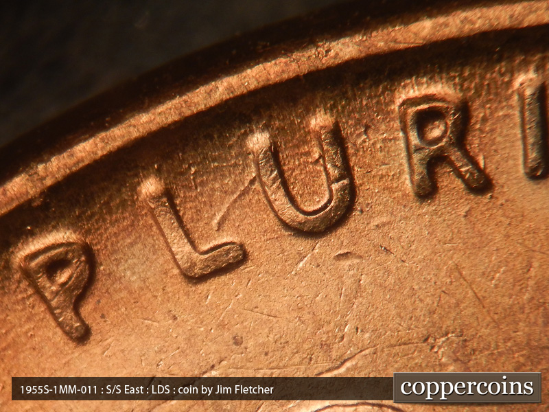 Die-stage C marker on 1955S•1MM•011 (1955 Repunched Mint Mark).