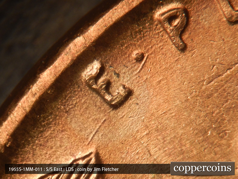 Die-stage C marker on 1955S•1MM•011 (1955 Repunched Mint Mark).