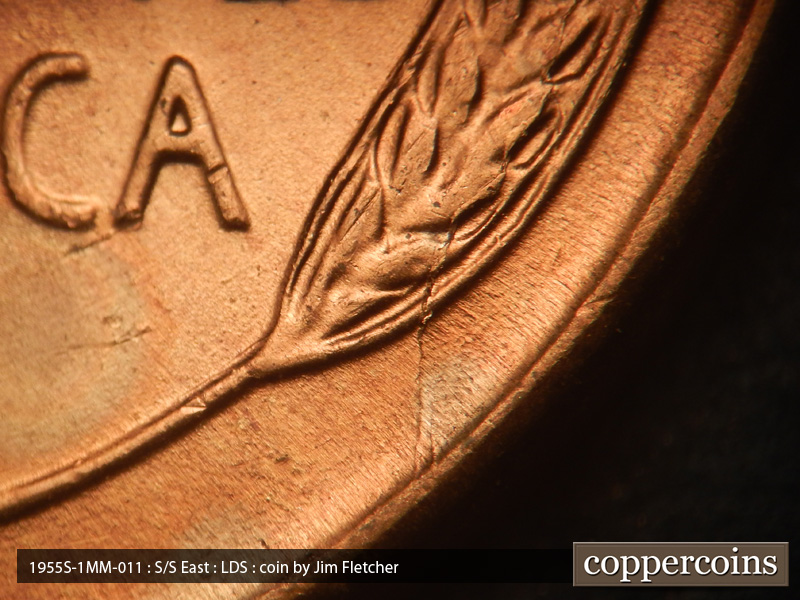 Die-stage C marker on 1955S•1MM•011 (1955 Repunched Mint Mark).