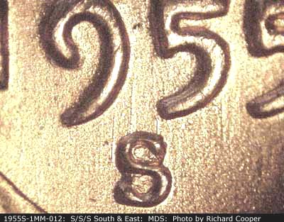 1955 Lincoln cent obverse, CopperCoins die 1955S•1MM•012.