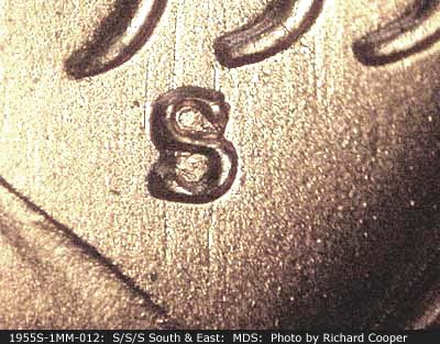 Die-stage B marker on 1955S•1MM•012 (1955 Repunched Mint Mark).