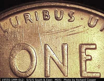 Die-stage B marker on 1955S•1MM•012 (1955 Repunched Mint Mark).