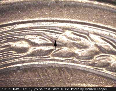 Die-stage B marker on 1955S•1MM•012 (1955 Repunched Mint Mark).